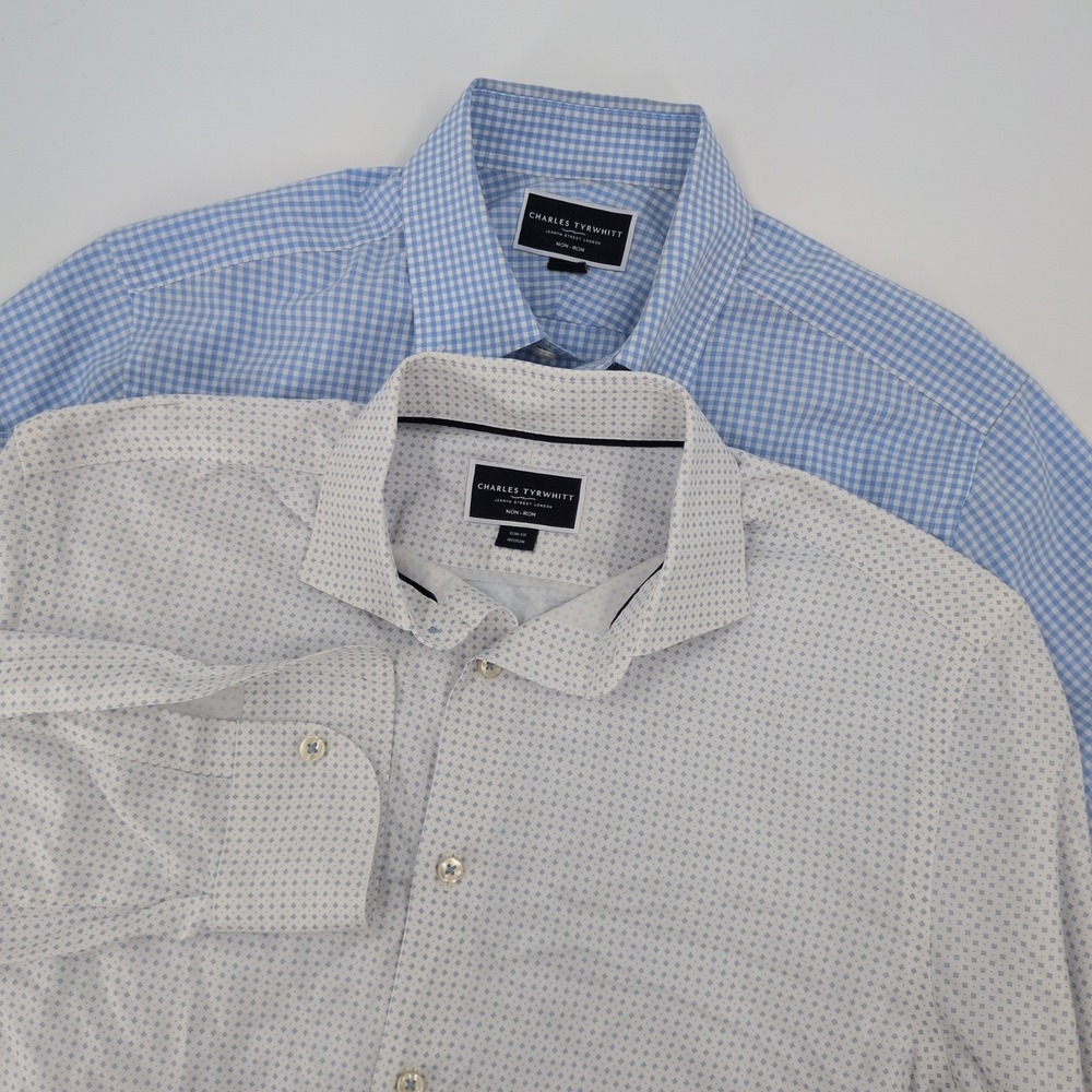Lot of 2 CHARLES TYRWHITT Slim Fit Men Sz M Non-Iron Wht/Blue Button Down Shirts